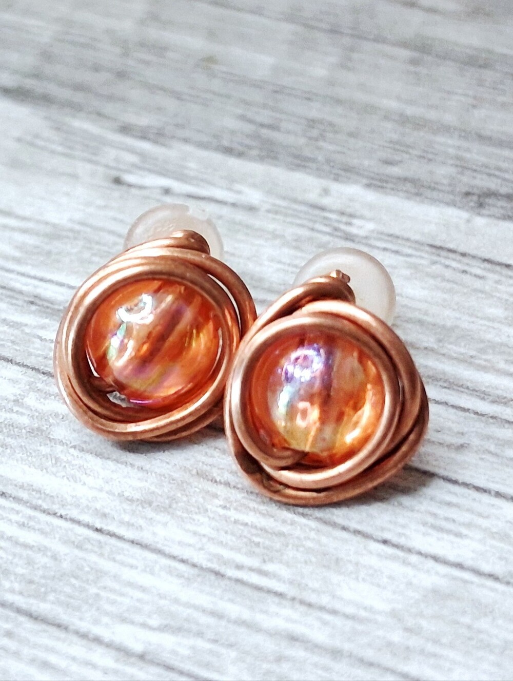 BOGO EARRINGS - Copper Wire Stud Earrings with Orange Iridescent Accents